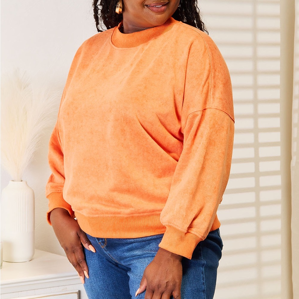 NEW Basic Bae Orange Vintage Wash Oversized Crew Neck Sweatshirt - Picture 3 of 8